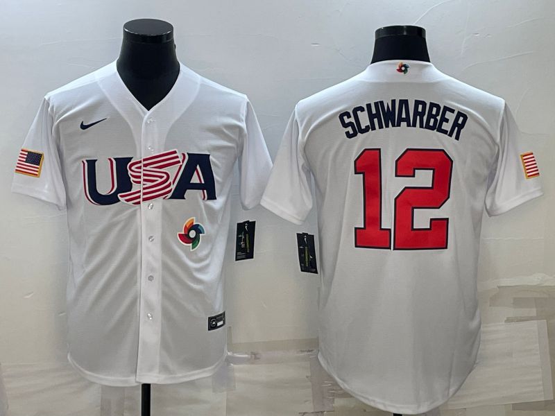 Men 2023 World Cub USA #12 Schwarber White Nike MLB Jersey9